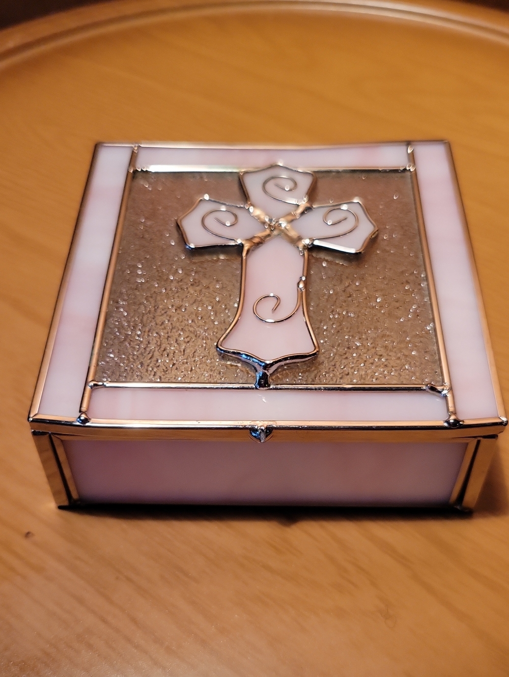 Pink Stained Glass Cross Trinket Box